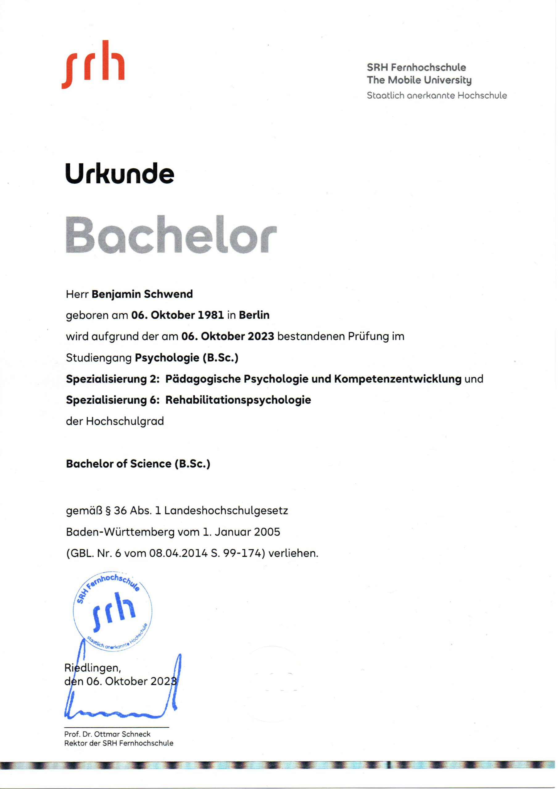 Bachelor Urkunde Psychologie Benjamin Schwend